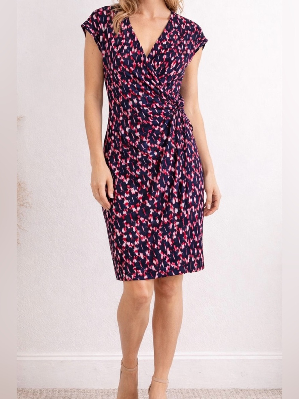Maggie London Faux Wrap Dress Size 4 | Navy Pink Print Flattering Workwear